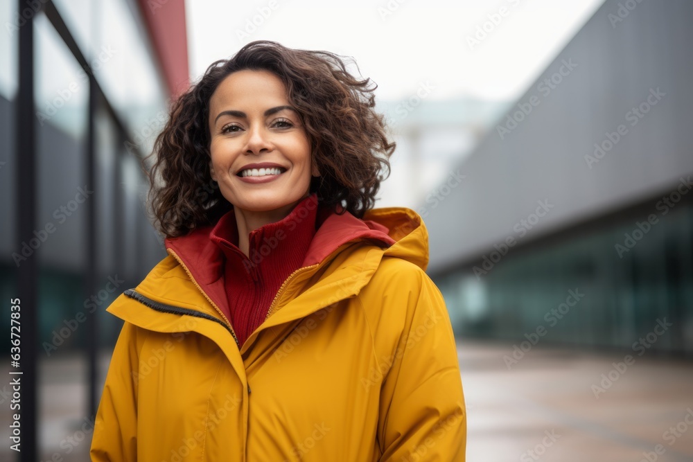 portrait of smiling african american woman in yellow raincoat portrait of smiling african american woman in yellow raincoat