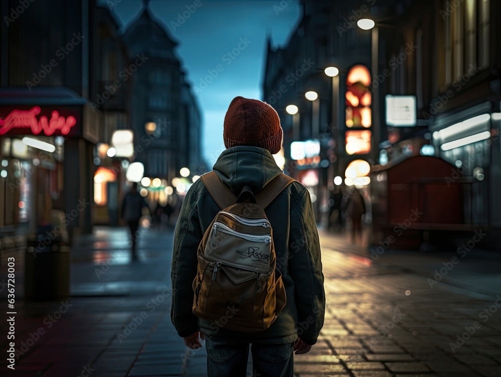 a child seen from behind at night walking along a street