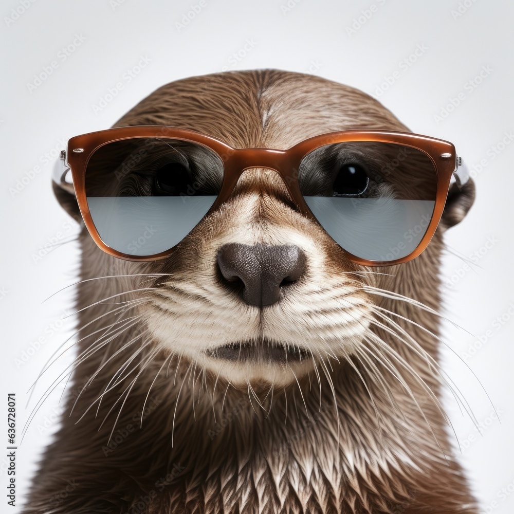 close-up of Otter with sunglasses on white background