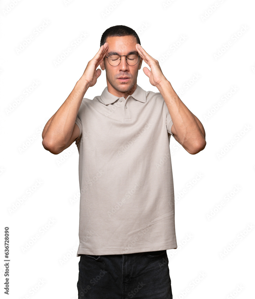 Concerned young man with a stress gesture Concerned young man with a stress gesture