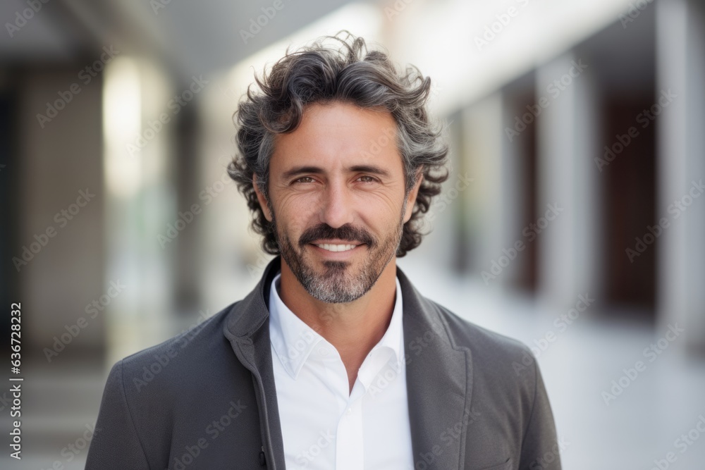 Portrait of handsome mature businessman smiling at camera in corridor of office Portrait of handsome mature businessman smiling at camera in corridor of office
