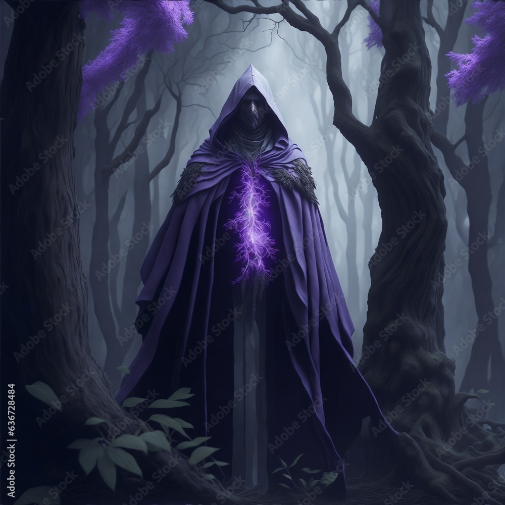 Mysterious warrior walking through dark forest with purple energy glowing. Artwork created with Generative AI Mysterious warrior walking through dark forest with purple energy glowing. Artwork created with Generative AI