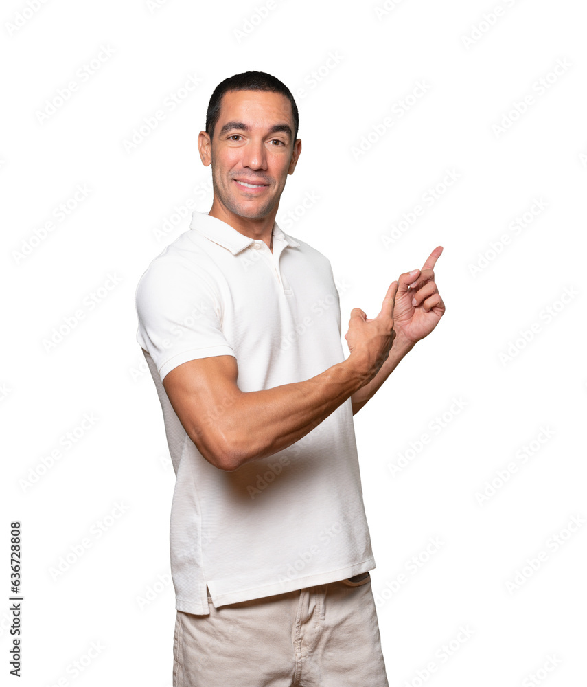 Amazed young man making a gesture of welcome Amazed young man making a gesture of welcome