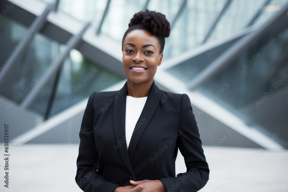 Portrait of confident african american businesswoman standing outside office building Portrait of confident african american businesswoman standing outside office building