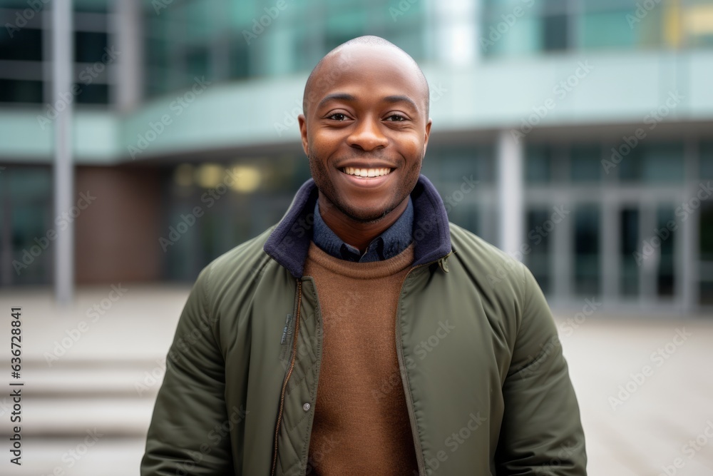 Fototapeta premium Portrait of young african american man smiling at camera outdoors