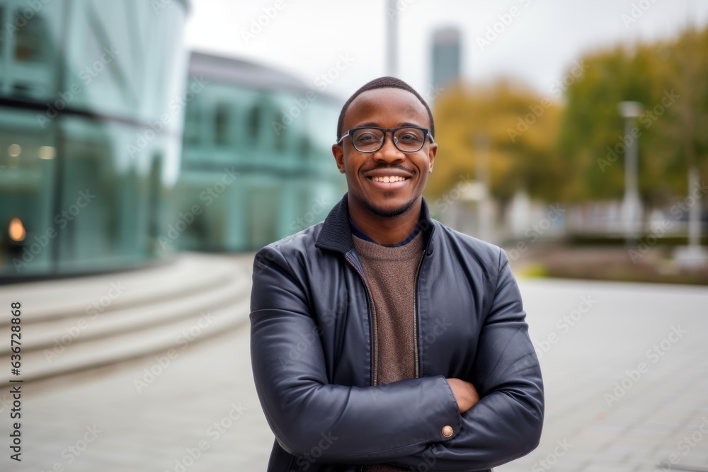 Portrait of a young african american man with glasses in the city