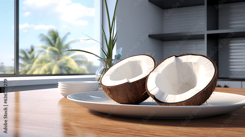 Coconuts on a plate in a modern kitchen. The Essence of Nature's Bounty: Exploring the Sweet and Nutritious World of Coconuts. High Resolution