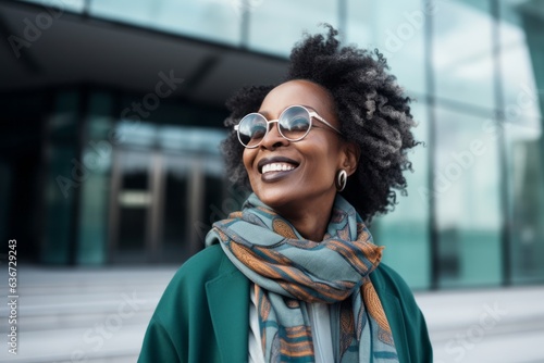 Cheerful african american woman in sunglasses and scarf looking away © Leon Waltz