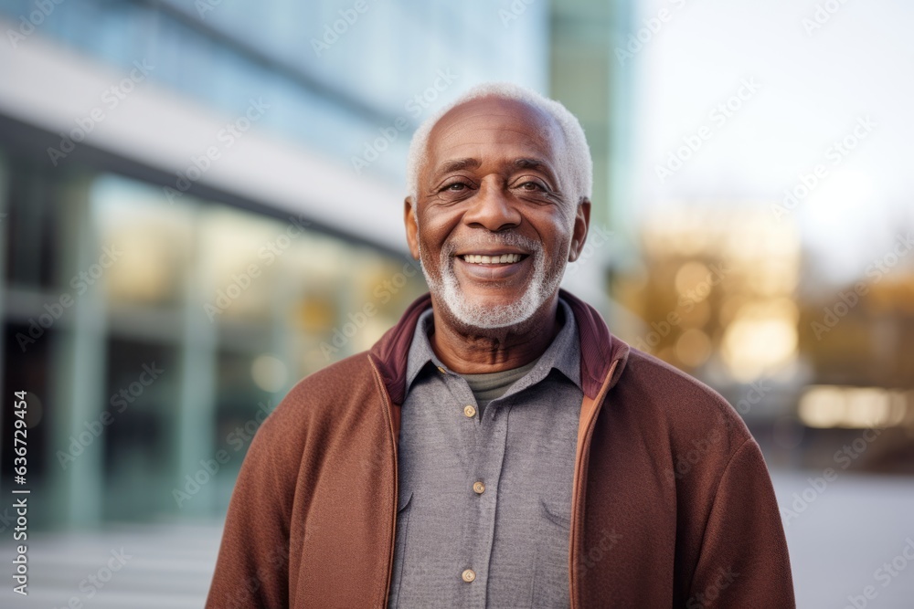 Portrait of smiling senior man standing in front of the office building Portrait of smiling senior man standing in front of the office building