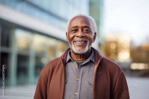 Portrait of smiling senior man standing in front of the office building