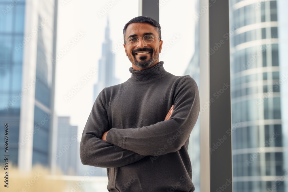 Portrait of a handsome young Indian man in a black turtleneck standing with arms crossed and looking at the camera Portrait of a handsome young Indian man in a black turtleneck standing with arms crossed and looking at the camera
