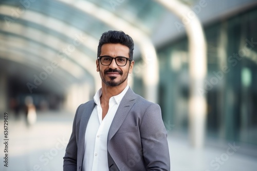 Portrait of a young Indian businessman with eyeglasses in the city