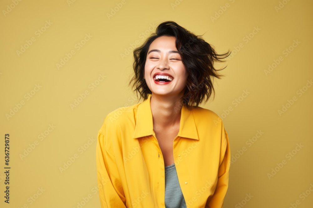 Portrait of a happy young woman laughing isolated over yellow background.