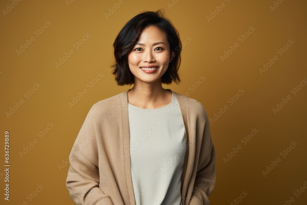 smiling asian woman in beige sweater looking at camera isolated on yellow smiling asian woman in beige sweater looking at camera isolated on yellow