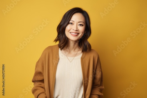 Portrait of smiling asian woman looking at camera over yellow background © Leon Waltz