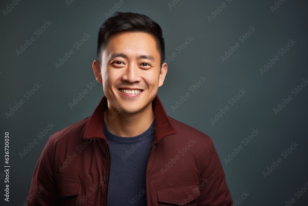 Portrait of a happy young asian man isolated on gray background