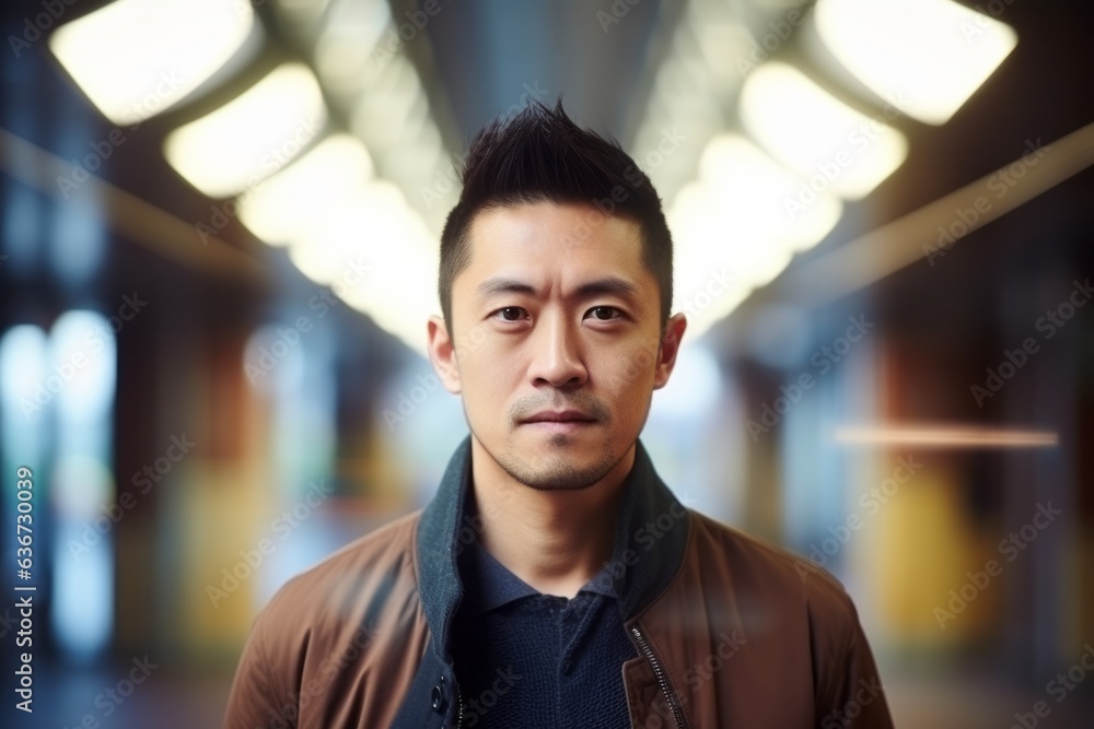 Portrait of a young asian man looking at camera in corridor Portrait of a young asian man looking at camera in corridor