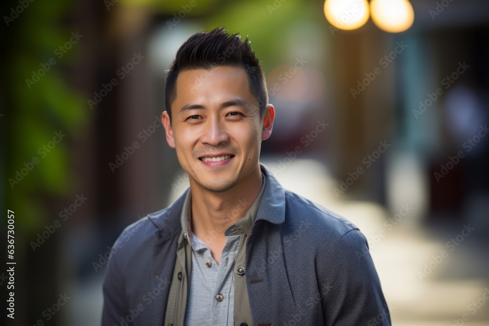 Portrait of a handsome asian man smiling at the camera outdoors