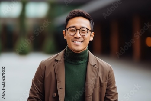 happy asian man in beige coat and eyeglasses looking at camera