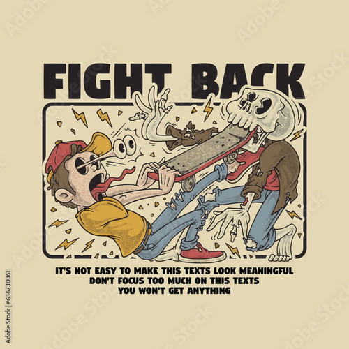retro cartoon skateboarder fighting the zombie t-shirt design