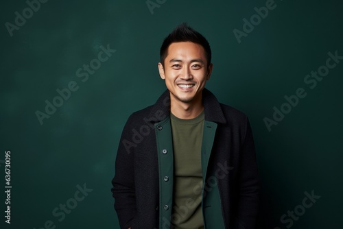 Portrait of smiling young Asian male teacher standing against green chalkboard