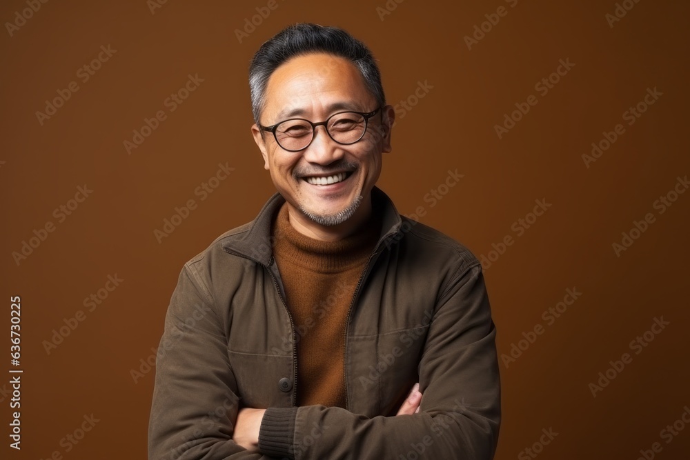 Fototapeta premium Portrait of a smiling asian man wearing glasses against brown background
