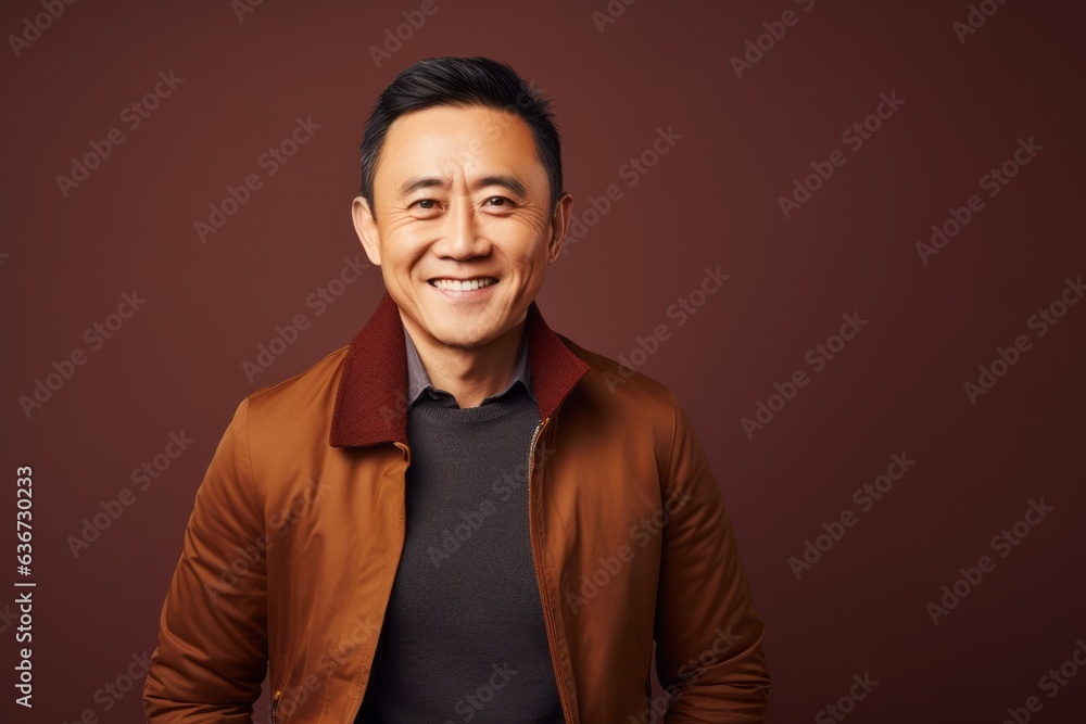 Fototapeta premium Portrait of a smiling asian man in a brown jacket.