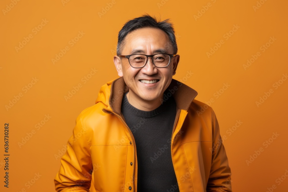 Portrait of a happy Asian man in yellow jacket on orange background