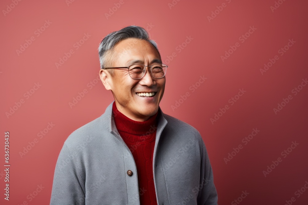 Portrait of happy senior asian man in eyeglasses on red background Portrait of happy senior asian man in eyeglasses on red background