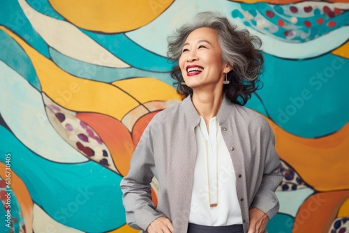 Portrait of a smiling mature businesswoman standing with hands on hips against colorful background