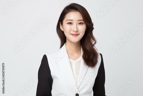 Portrait of a young asian business woman on white background.