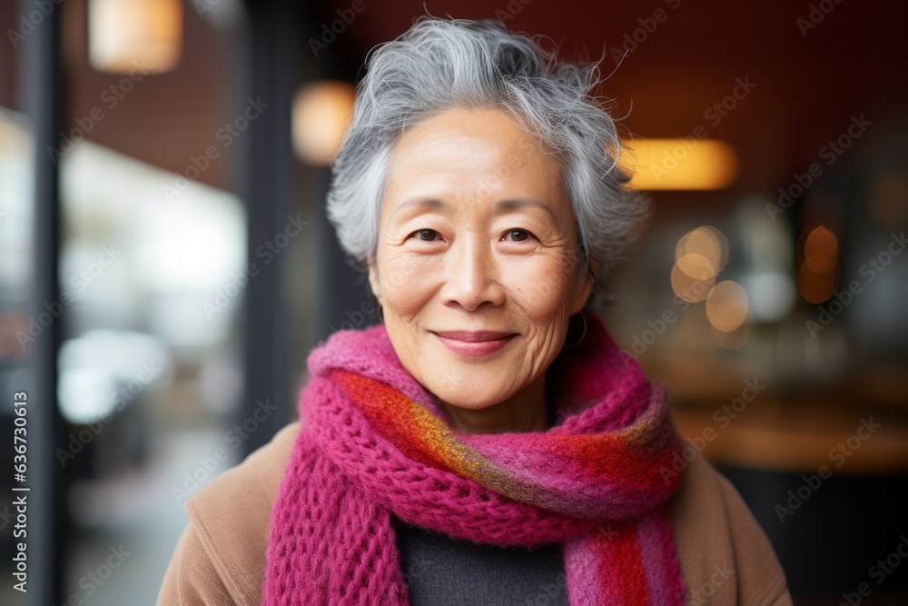 Portrait of smiling senior asian woman wearing scarf and looking at camera Portrait of smiling senior asian woman wearing scarf and looking at camera