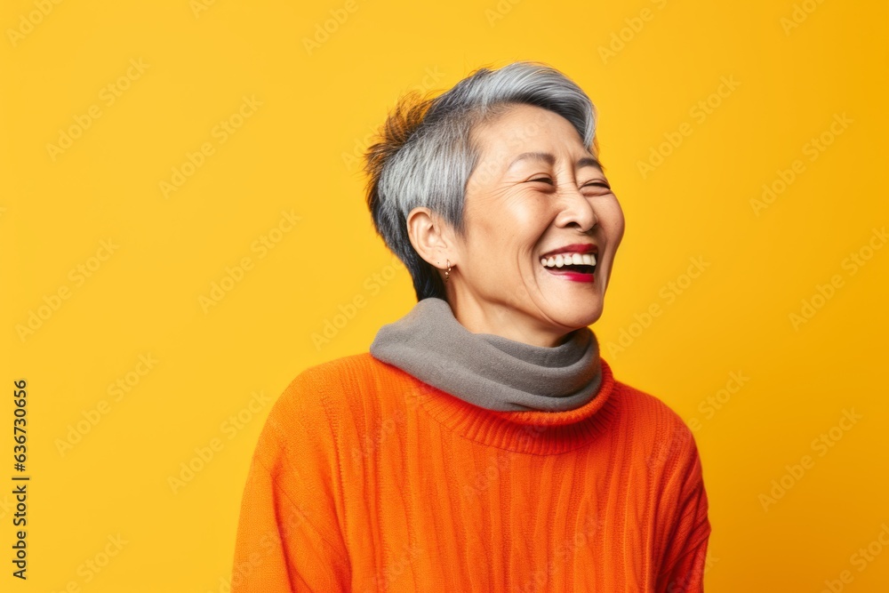 Portrait of a happy senior asian woman in orange sweater on yellow background Portrait of a happy senior asian woman in orange sweater on yellow background