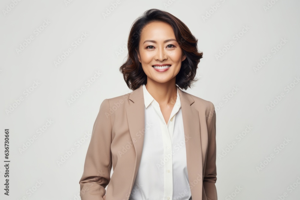 smiling asian businesswoman in beige suit over white background smiling asian businesswoman in beige suit over white background
