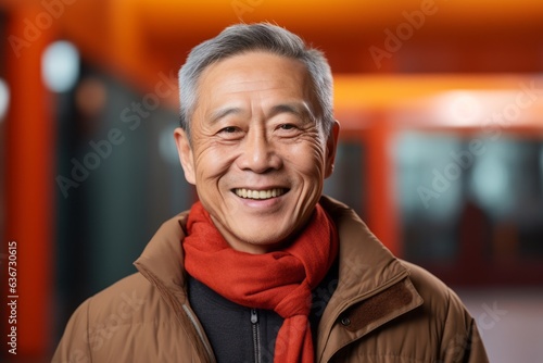Portrait of happy senior asian man wearing warm jacket and red scarf