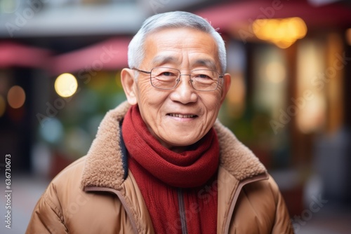 senior asian man wearing coat and red scarf looking at camera