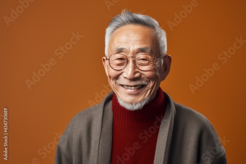 Portrait of a smiling senior asian man wearing glasses isolated over orange background