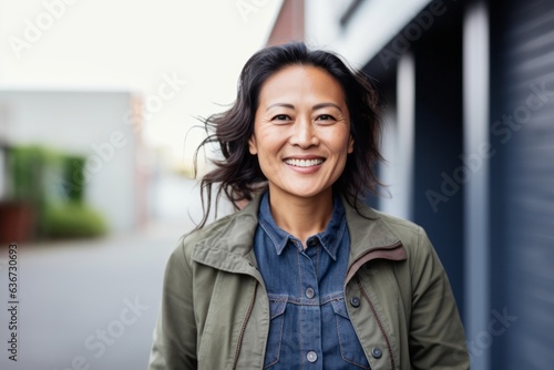 Portrait of smiling asian woman in casual clothes looking at camera
