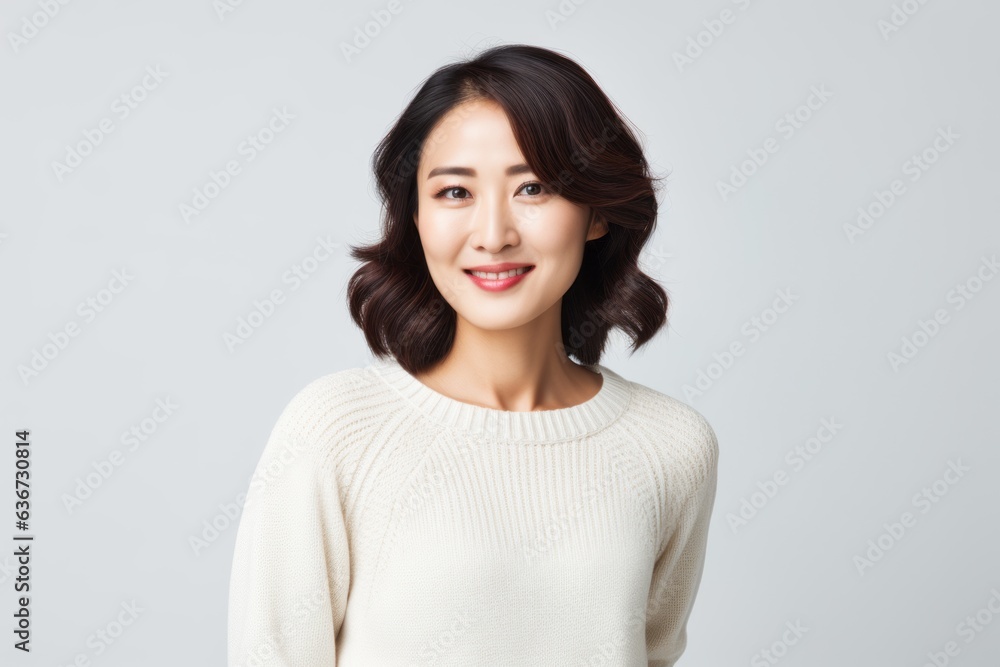 Portrait of a Chinese woman in her 30s in a white background wearing a cozy sweater Portrait of a Chinese woman in her 30s in a white background wearing a cozy sweater