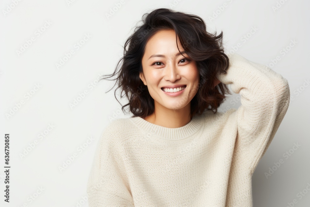 Portrait of a Chinese woman in her 30s in a white background wearing a cozy sweater Portrait of a Chinese woman in her 30s in a white background wearing a cozy sweater