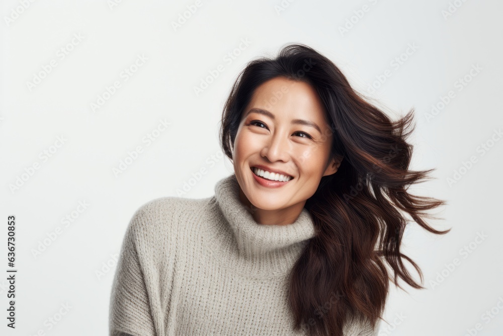 Portrait of a Chinese woman in her 30s in a white background wearing a cozy sweater Portrait of a Chinese woman in her 30s in a white background wearing a cozy sweater