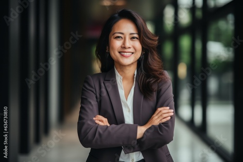 Lifestyle portrait of a Indonesian woman in her 30s in an abstract background wearing a classic blazer