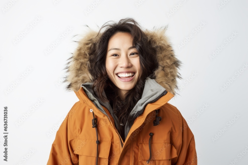 Portrait of a Chinese woman in her 30s in a white background wearing a warm parka Portrait of a Chinese woman in her 30s in a white background wearing a warm parka