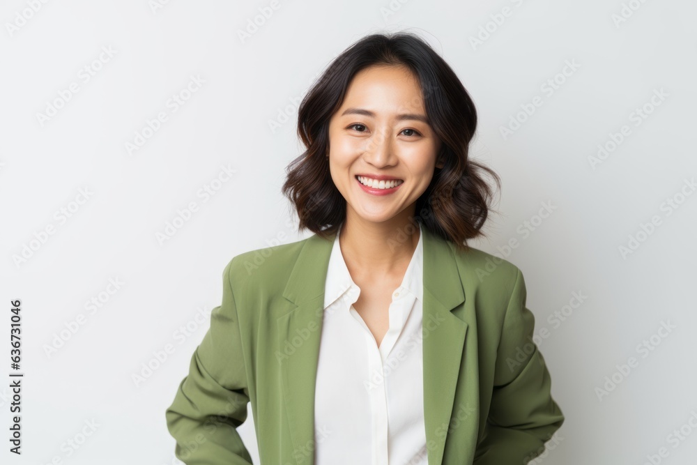 Portrait of a Chinese woman in her 30s in a white background wearing a chic cardigan Portrait of a Chinese woman in her 30s in a white background wearing a chic cardigan