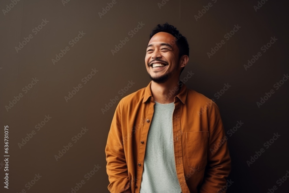 Portrait of a happy young asian man smiling against grey background Portrait of a happy young asian man smiling against grey background