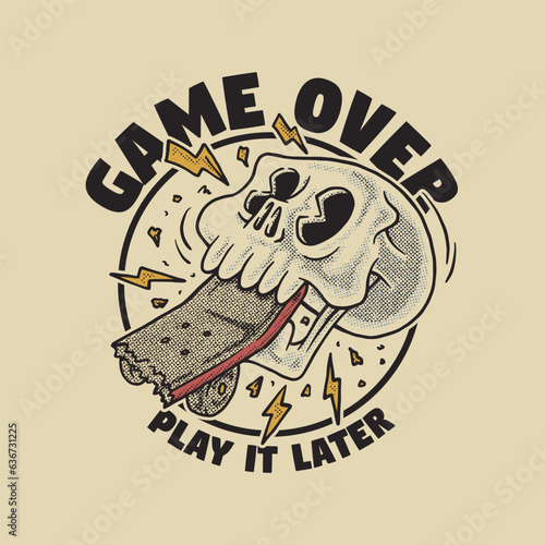 retro cartoon head of skull bitting skateboard