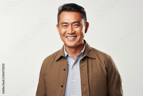 Portrait of a smiling asian man looking at camera over white background