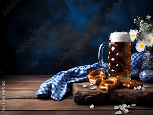 Rustic background for Oktoberfest with white and blue fabric, Bavarian clothes, gingerbread, beer stein and pretze, AI generator photo