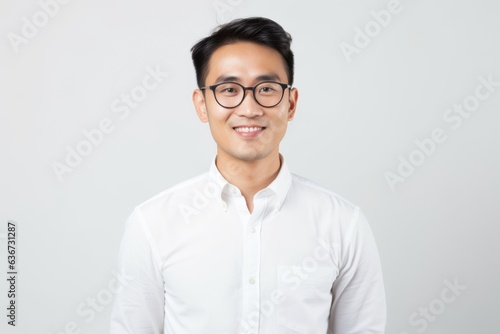 Portrait of a Chinese man in his 30s in a white background wearing a chic cardigan © Eber Braun