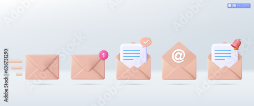 3d Old Rose mail envelope icon set symbol. Render email notification with letters, check mark, paper plane icons. communication concept. 3D vector isolated illustration, Cartoon pastel Minimal style.